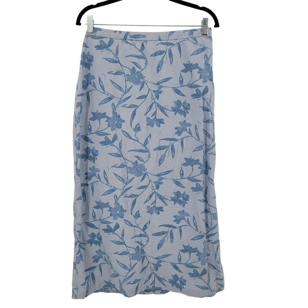 Vintage 80s Linen True‎ Wrap Midi Skirt 12 Blue Monochromatic Floral Side Button